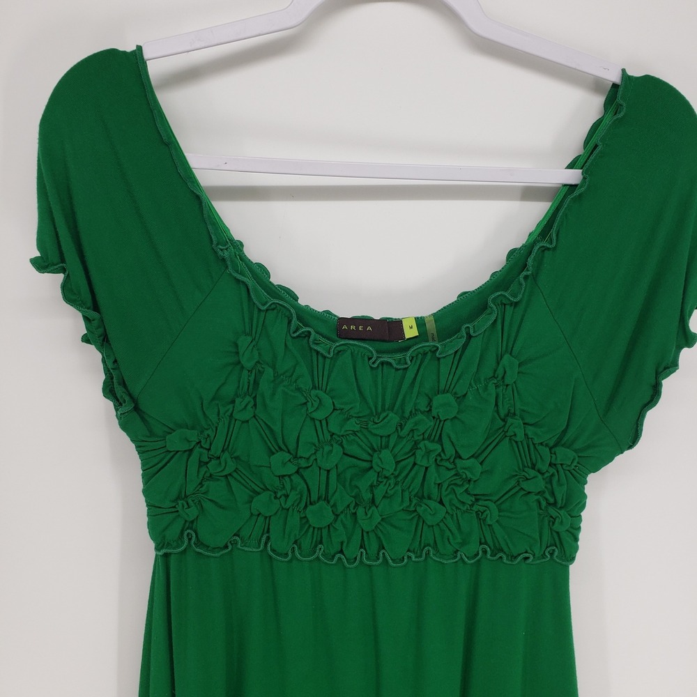 Y2K Smocked Bodice Babydoll Top Womens M Green Cap Sleeve Scoop Neck Ruffle Trim - Picture 3 of 8